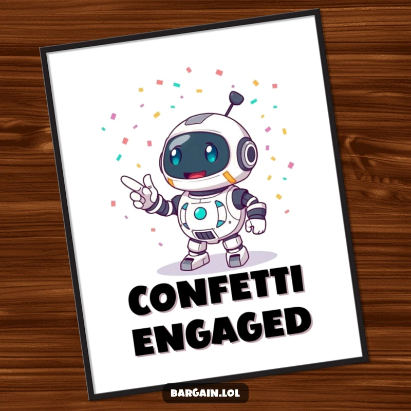 Funny digital art print of a round robot character enthusiastically pointing at a vibrant burst of confetti, adding a festive vibe.