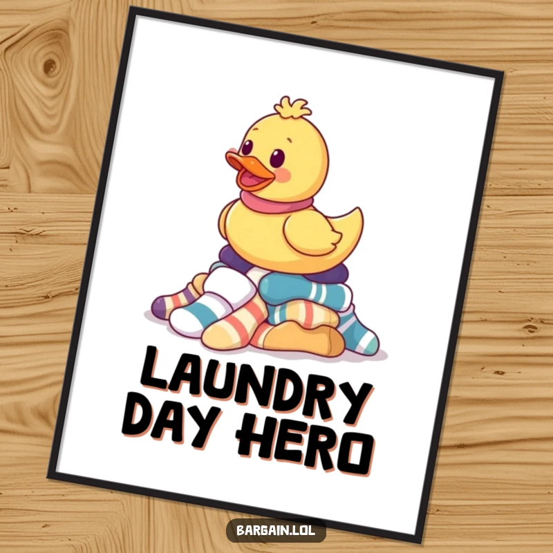 Funny digital art print of a rubber ducky gleefully balancing mismatched socks, perfect for adding whimsical and humorous laundry chaos.