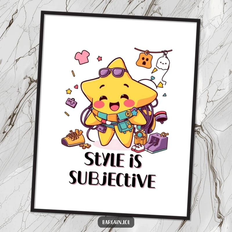 Funny digital art print of a jolly star character comically tangled in a rainbow of colorful thrift store clothing and accessory items.