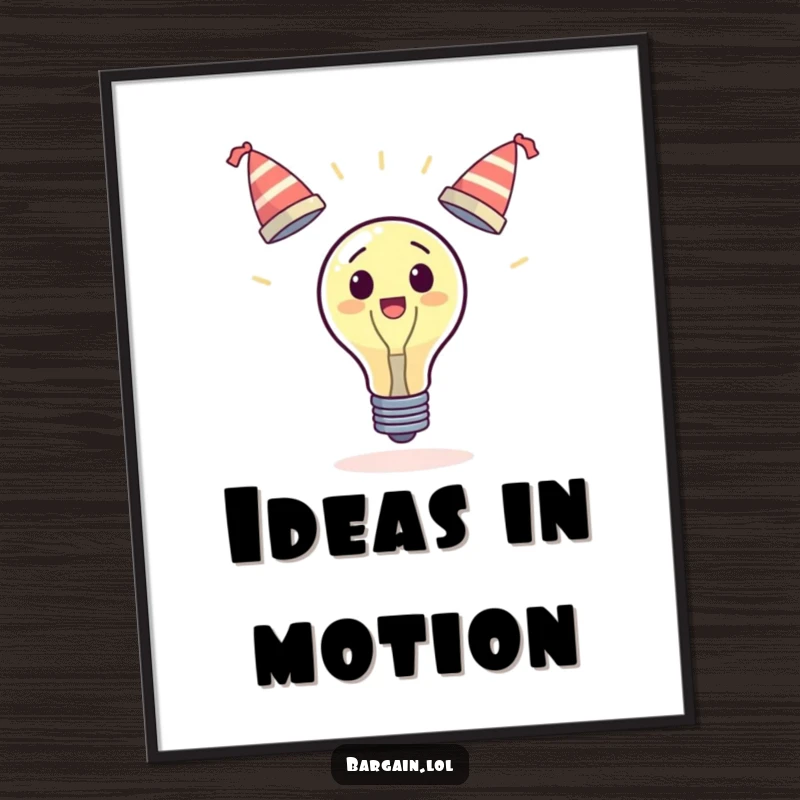 Funny surprised lightbulb digital art print, juggling three wobbly hats, instant wall decor, humorous funny gift.