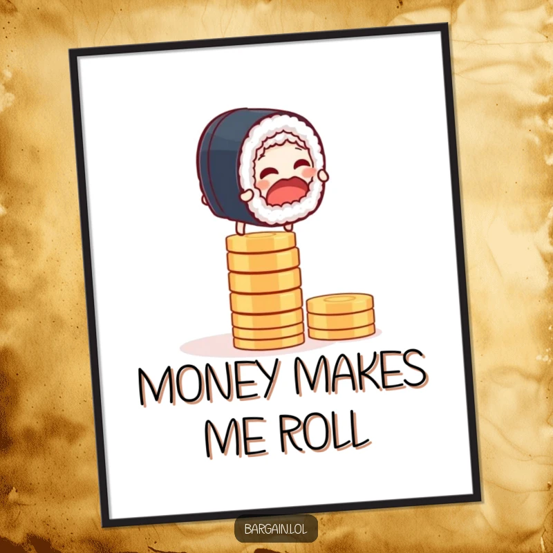 Funny digital art print of a giggling sushi roll precariously balancing on a stack of coins, a financial balancing act.