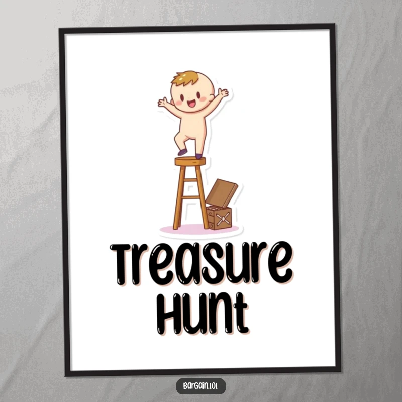 Funny Digital Art: A happy, cartoony figure balances precariously on a stool, reaching for a hidden treasure box, symbolizing ambition.