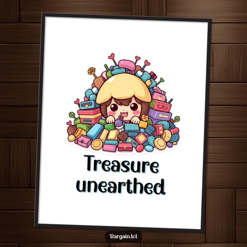 Funny Digital Art: Character peeking from behind colorful second-hand treasures, highlighting thrift finds.