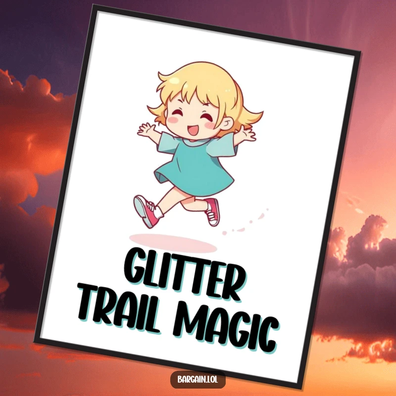 Funny digital art print of a character skipping with glitter and ill-fitting shoes, bringing instant joy and humor to any space.