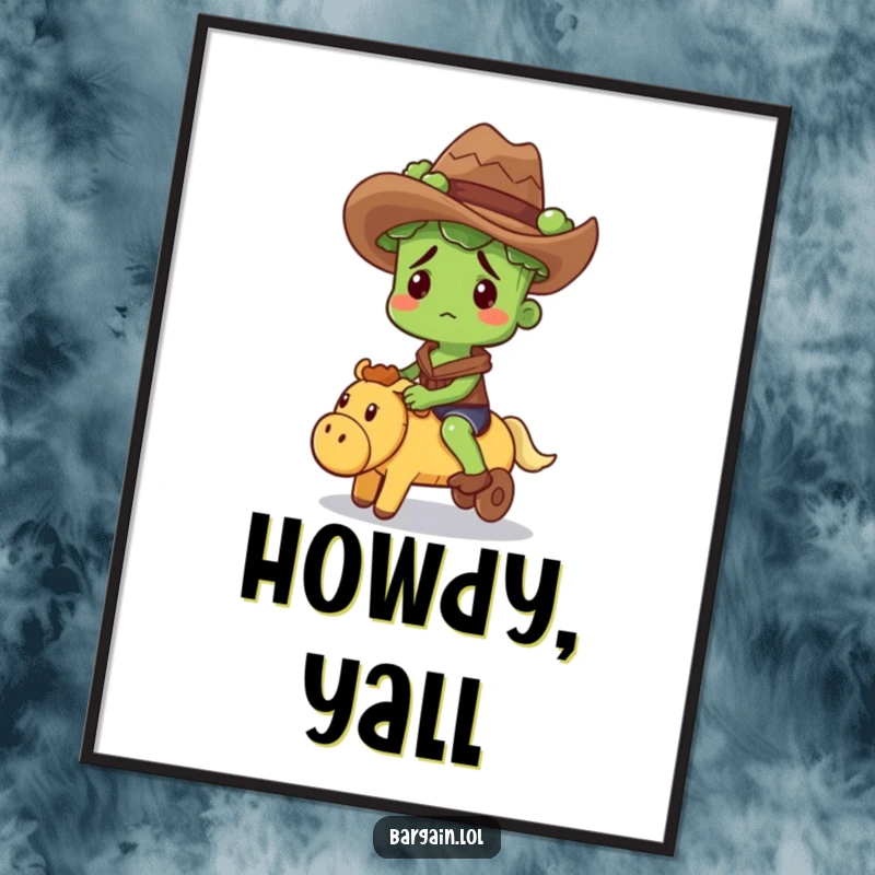 Funny digital art print of a confused broccoli sprout wearing a cowboy hat, riding a squeaky toy, western theme.