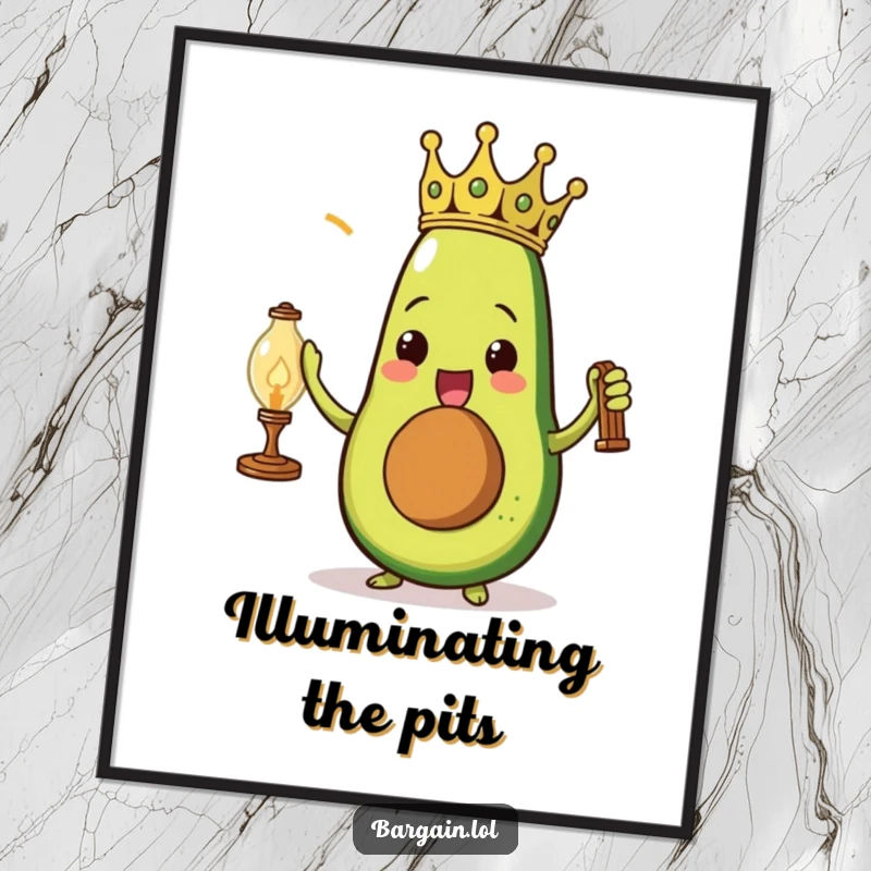 Funny triumphant avocado wearing a paper crown holding a dusty vintage lamp, digital art print, perfect for quirky decor.