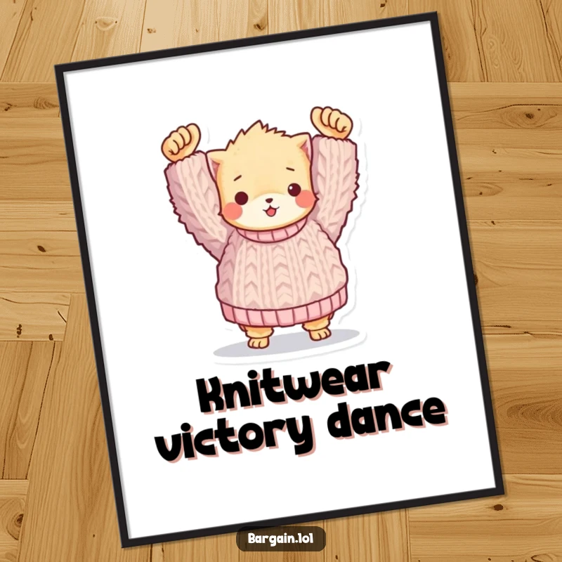 Funny digital art print: A fuzzy creature triumphantly holding a comically large knitted sweater, a humorous decoration download.