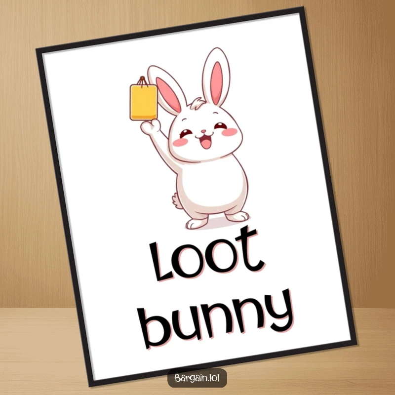 Funny digital art print of a chubby bunny triumphantly holding a single, brightly colored bargain item aloft.