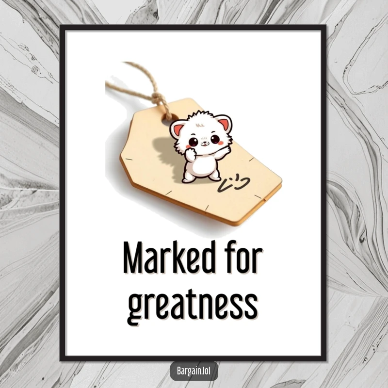 Funny digital art print of a small fuzzy being striking a dramatic pose on a discarded price tag.