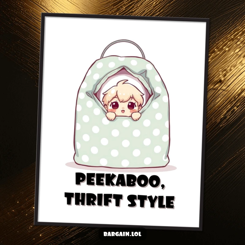 Funny tiny character peeking from a giant polka-dotted thrift bag with surprised eyes, presented as a downloadable digital art print for humor.