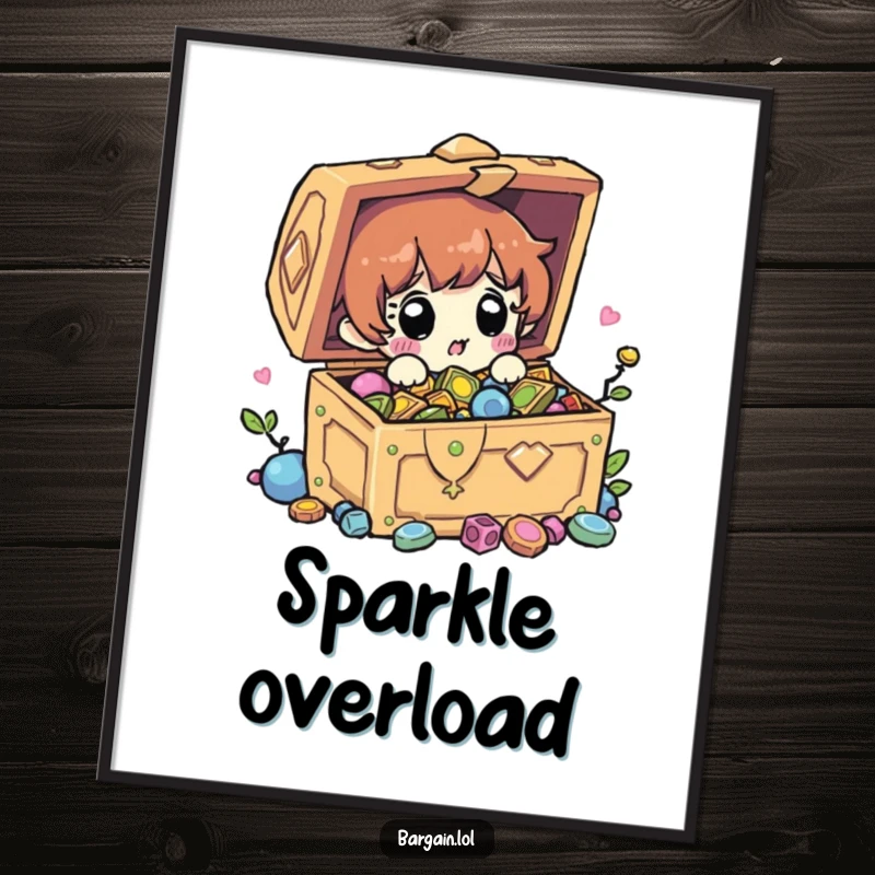 Funny digital art print of a character with a shocked expression finding a treasure chest overflowing with shiny trinkets. Perfect decor.