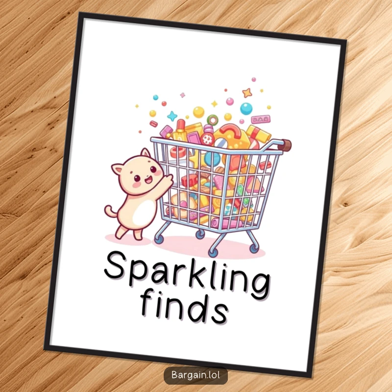 Funny Bargain Hunter Digital Art Print of a tiny creature joyfully pointing at a comically oversized, sparkling bargain bin filled with tiny treasures.