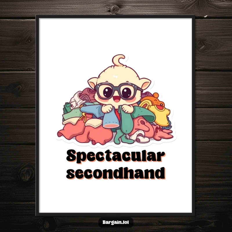 Funny digital art print showing a whimsical creature with large spectacles, digging excitedly through a mountain of used clothing.