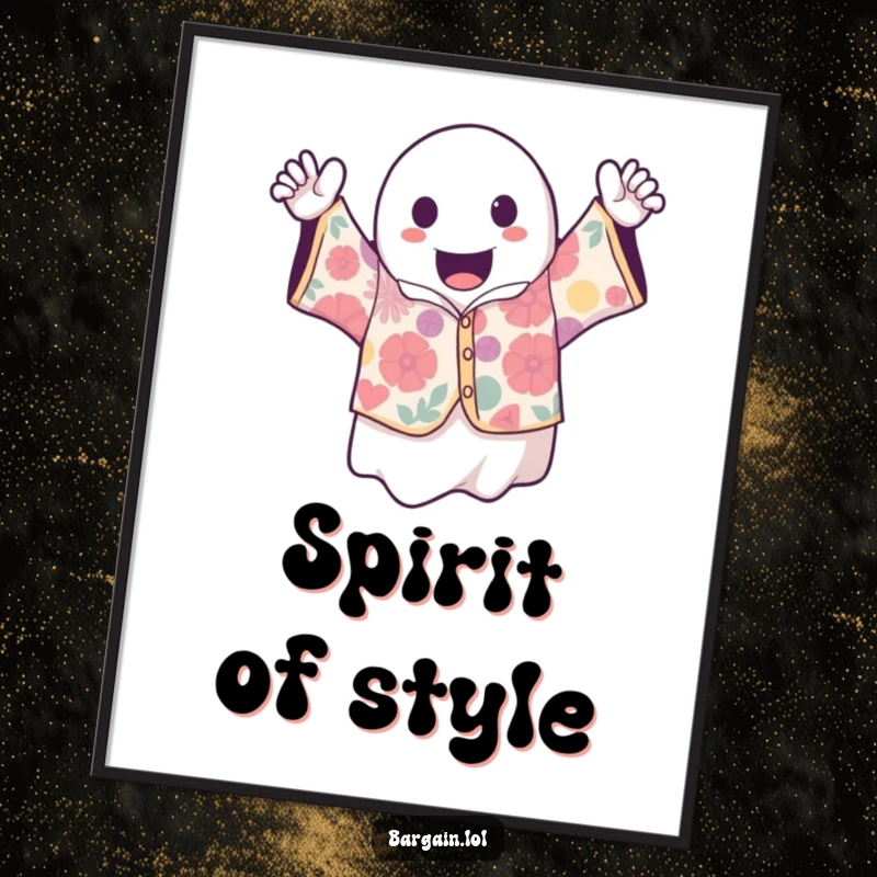 Funny kawaii ghost excitedly holding up a wildly patterned vintage shirt, a downloadable art print for spooky vintage enthusiasts.