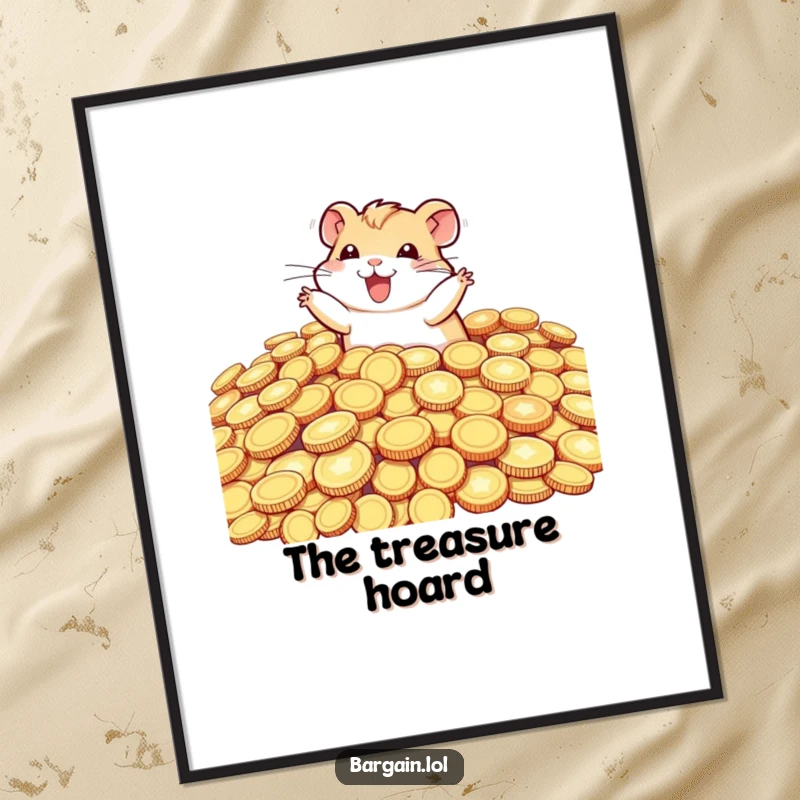 Funny tiny hamster joyfully diving into a pile of oversized, glittering coins, high-resolution digital art print for instant humorous decor.