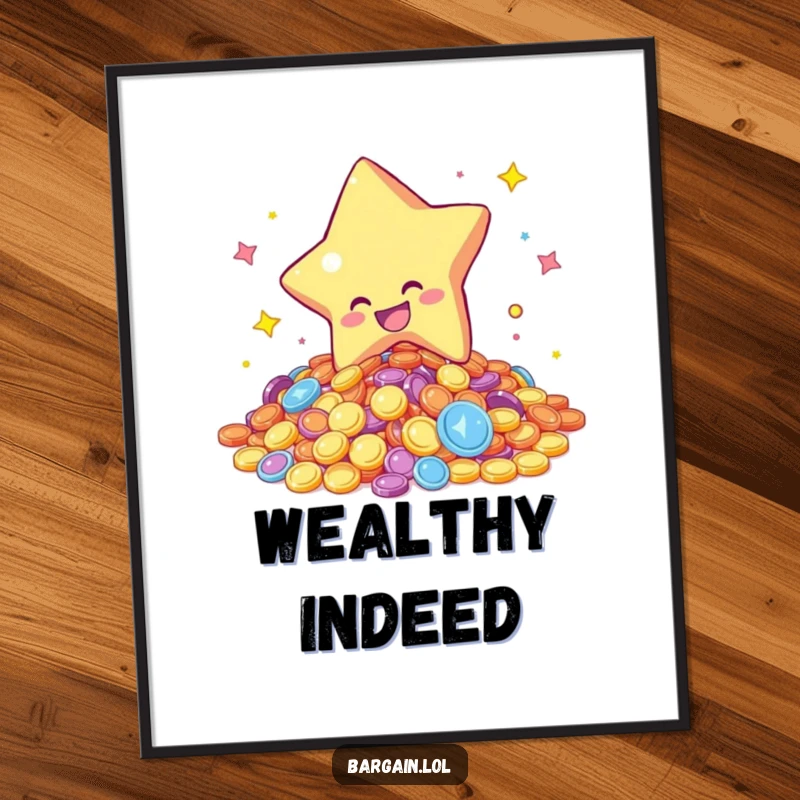 Funny digital art print of a star character gleefully diving into a pile of colorful, shimmering coins, celebrating prosperity and joy with humor.