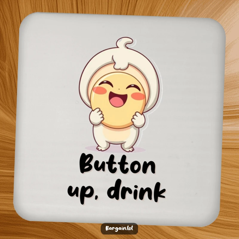 Funny Coaster: A happy little creature proudly holds a comically large button, adding a humorous touch to drink service.