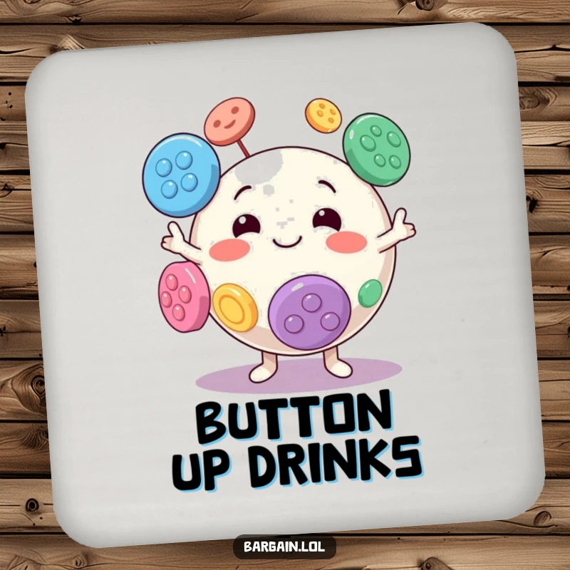 Funny drink coasters with a spherical character goofily juggling oversized, colorful buttons.
