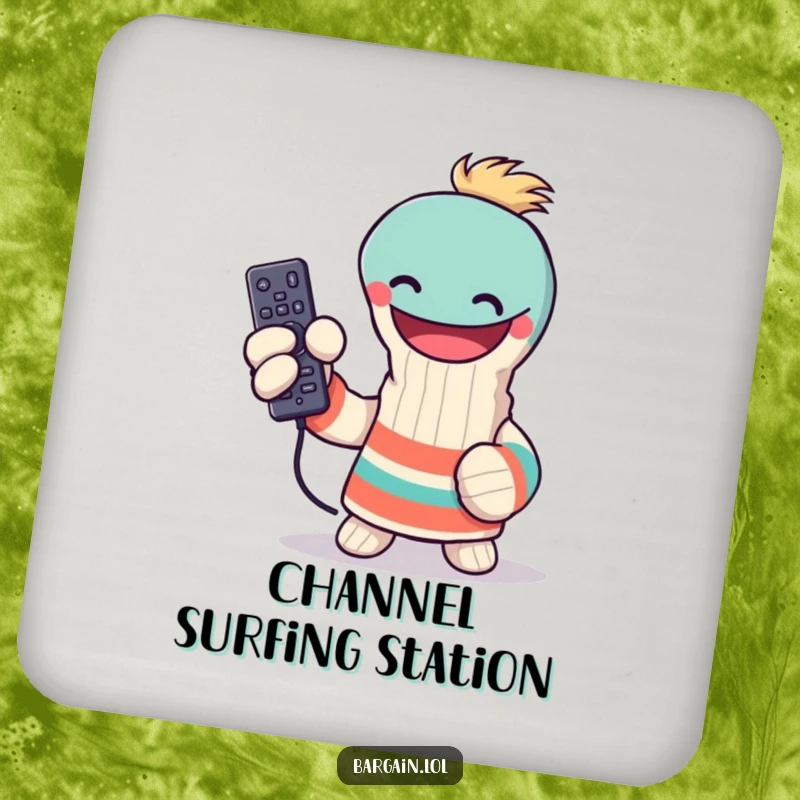 Funny sock puppet coaster, triumphantly holding a lost remote control, protecting surfaces, humorous funny gift.