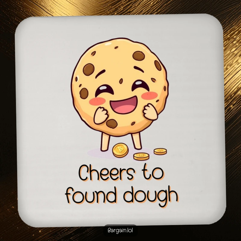 Funny cheeky cookie crumbling with laughter while holding a dropped coin on a drink coaster. A small yet humorous home accessory.