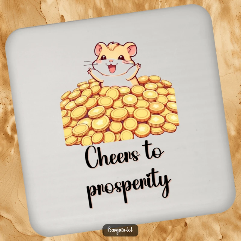 Funny tiny hamster diving into oversized, glittering coins, a charming and humorous design for a drink coaster.