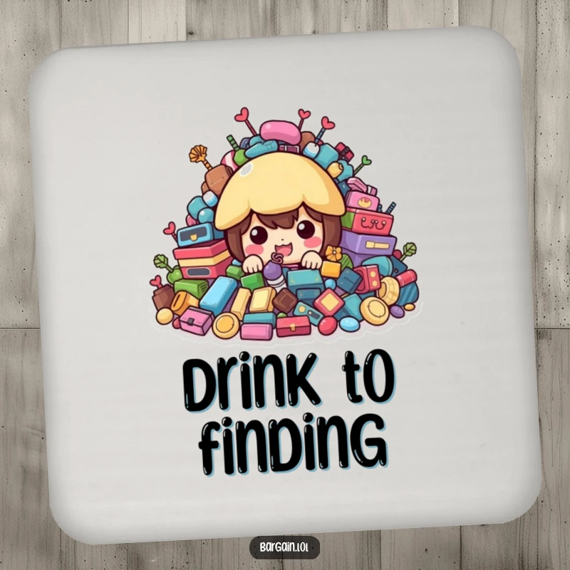 Funny Coaster: Character peeking from behind colorful second-hand treasures, for tabletop charm.