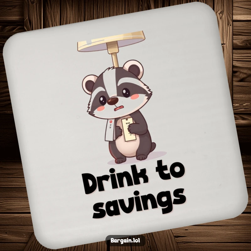 Funny Kawaii badger drink coaster showing a badger comically surprised by an affordable lamp price, perfect for surface protection.
