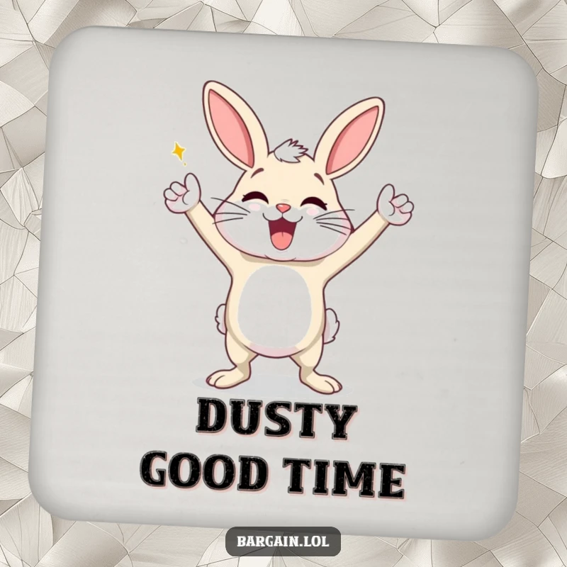 Funny drink coasters featuring an exaggeratedly happy dust bunny in a triumphant victory dance, adding cheerful protection and humor.