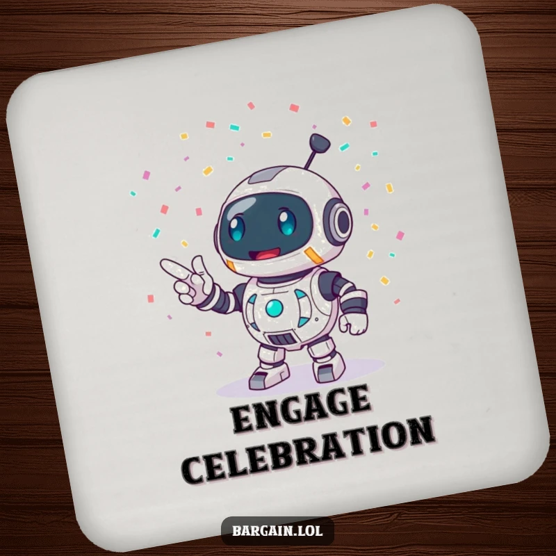 Funny drink coaster with a round robot character enthusiastically pointing at a burst of confetti, protecting surfaces with a festive flair.