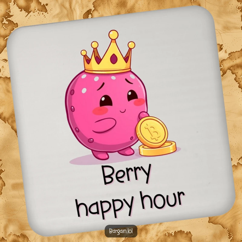Funny drink coaster with a crowned plump berry character admiring a shiny coin, protecting surfaces with a regal and humorous touch.
