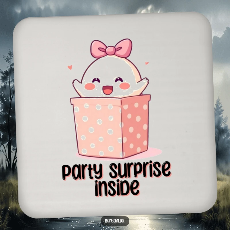 Funny coaster: A happy blob character bursting from a large polka-dotted gift box, adding humorous flair to drinks.