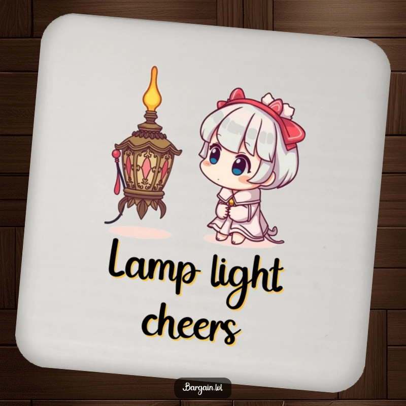 Funny drink coaster depicting a character with a curious head tilt examining a bizarre, ornate lamp, adding whimsical protection.