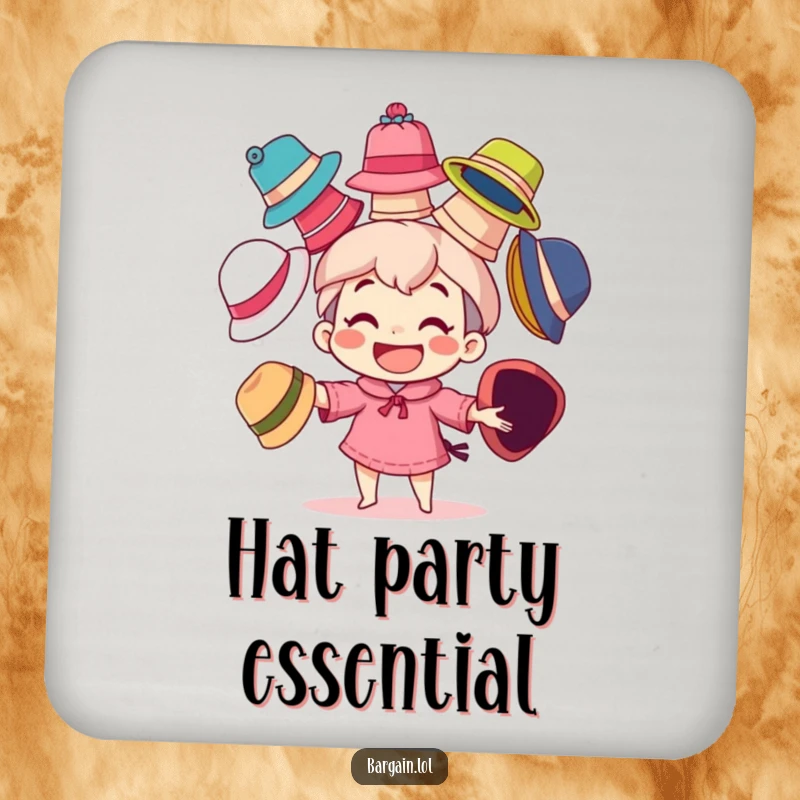 Funny drink coaster depicting a character with a big grin, playfully juggling numerous mismatched, colorful hats, adding whimsical protection.