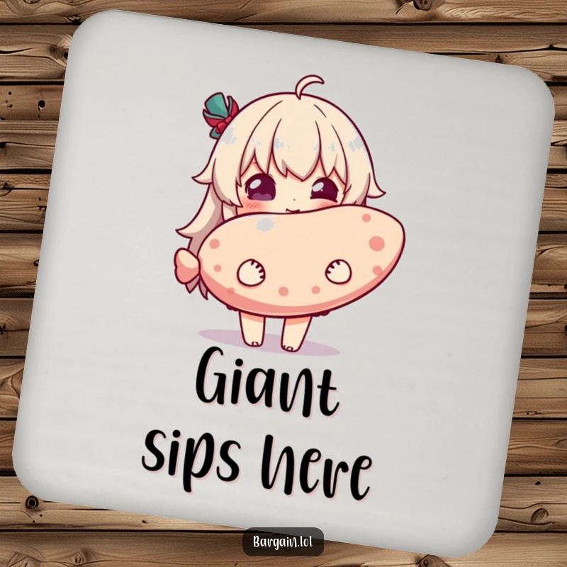Funny drink coaster depicting a character with pure delight holding a ridiculously oversized novelty item, adding whimsical protection.