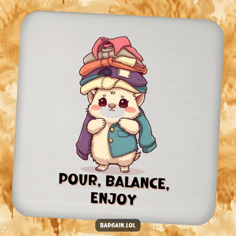 Funny fuzzy creature concentrating while balancing a tall stack of vintage clothing design on protective drink coasters.