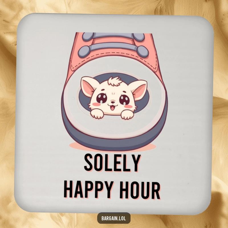Funny drink coasters featuring a tiny creature peeking from a giant shoe, adding a touch of whimsy.