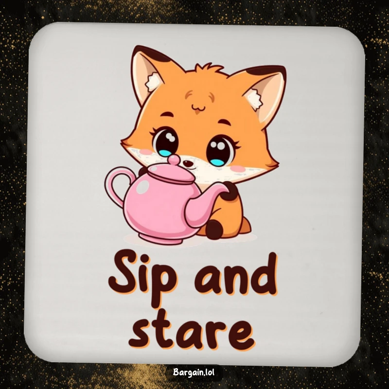 Funny Kawaii fox drink coaster showing a fox with wide eyes admiring an inexpensive, quirky teapot, perfect for surface protection.
