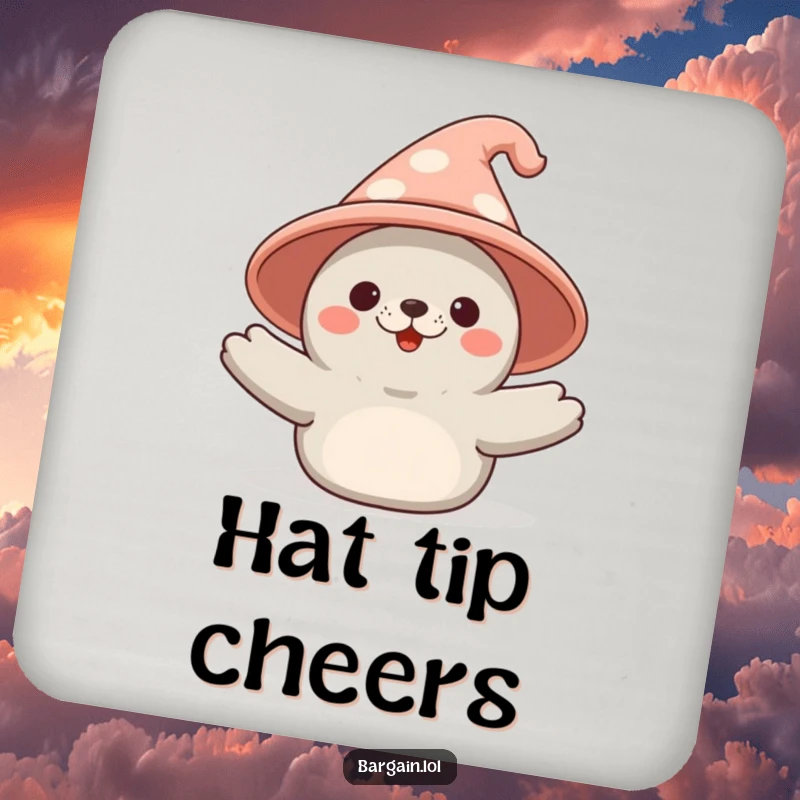 Funny Kawaii seal drink coaster showing a seal triumphantly presenting a huge novelty hat, protecting surfaces with humor.