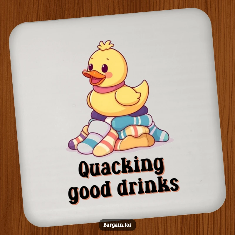 Funny coaster with a rubber ducky gleefully balancing mismatched socks, adding a humorous and playful touch to any drinks.