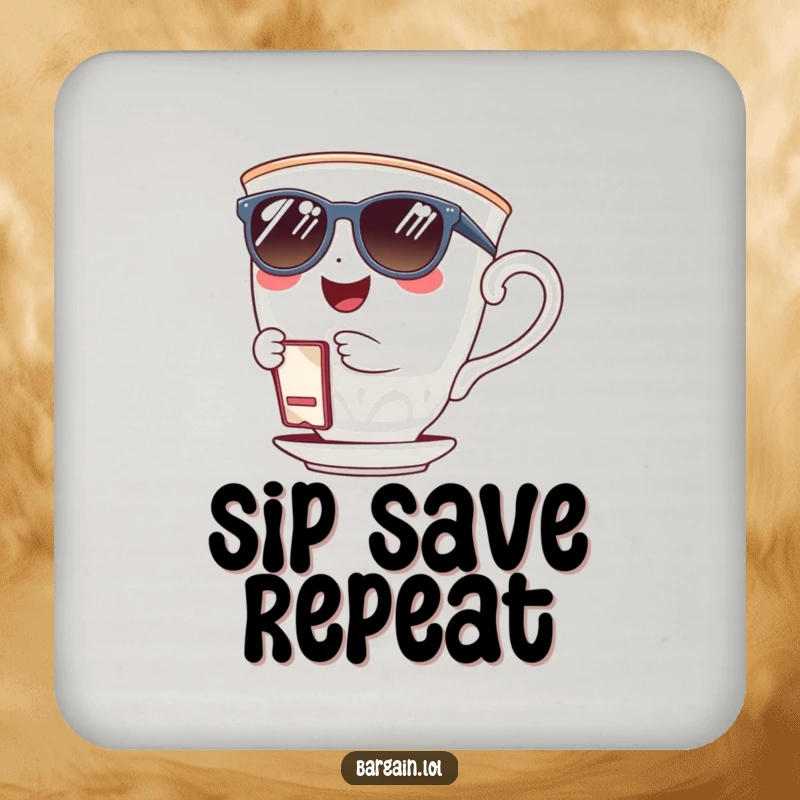 Funny giggling teacup wearing sunglasses and holding a tiny coupon clip on a drink coaster. A small yet humorous home accessory.