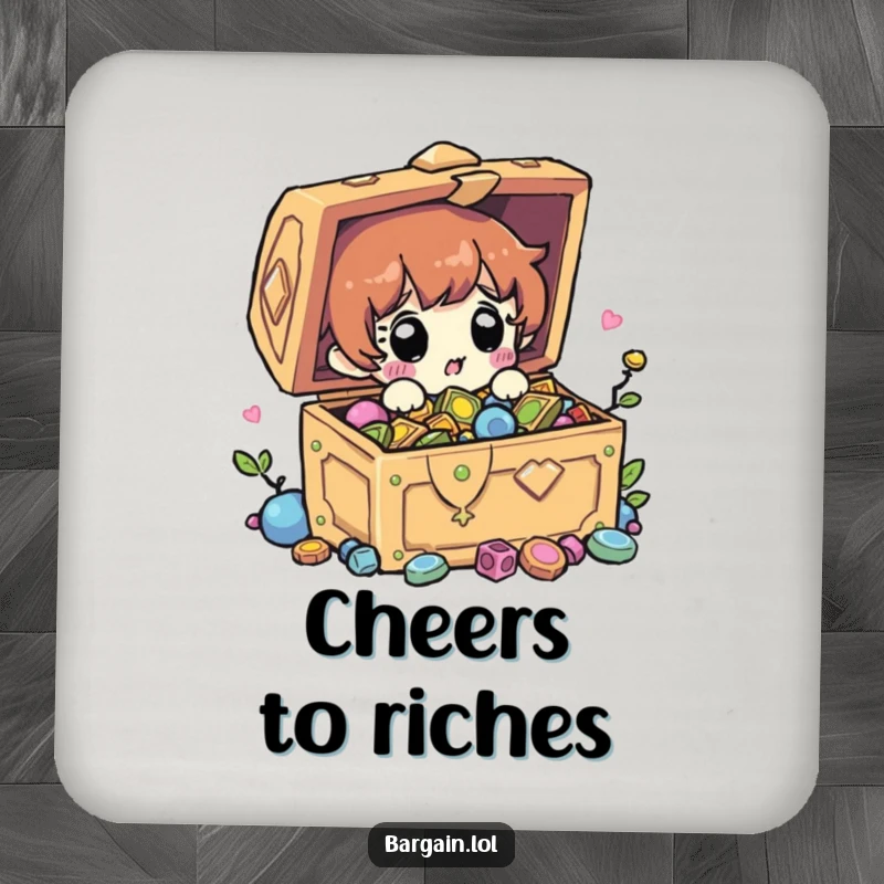 Funny coaster featuring a surprised character finding a treasure chest, offering protection and a dose of hilarious discovery. Good gift.