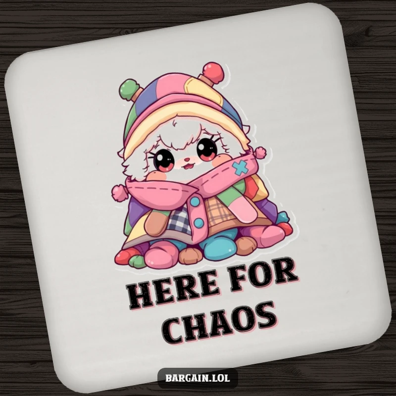 Funny drink coaster, fluffy character peeking from a pile of colorful clothes, protecting surfaces.