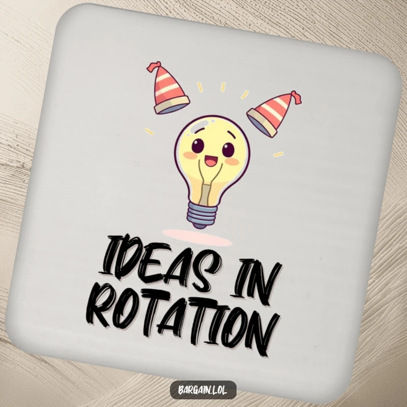 Funny surprised lightbulb coaster, juggling three wobbly hats, for table protection, humorous funny gift.