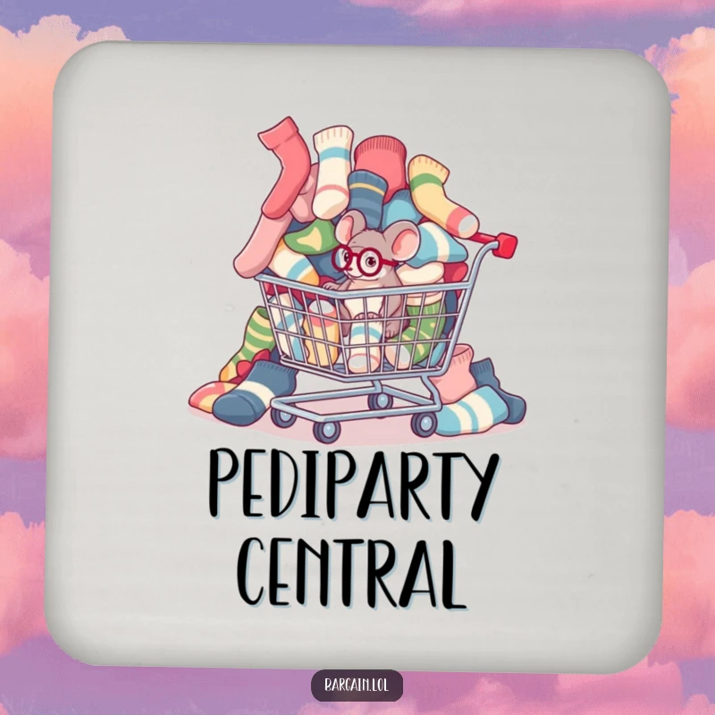 Funny tiny mouse with a monocle inspecting mismatched socks spilling from a shopping cart on a drink coaster.