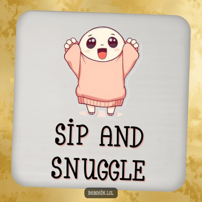 Funny round character with big eyes holding a tattered, oversized sweater, depicted on a drink coaster for humorous and practical decor.