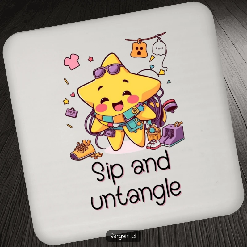 Funny drink coaster with a jolly star character tangled in a pile of colorful thrift store clothing and accessories, offering surface protection and humor.