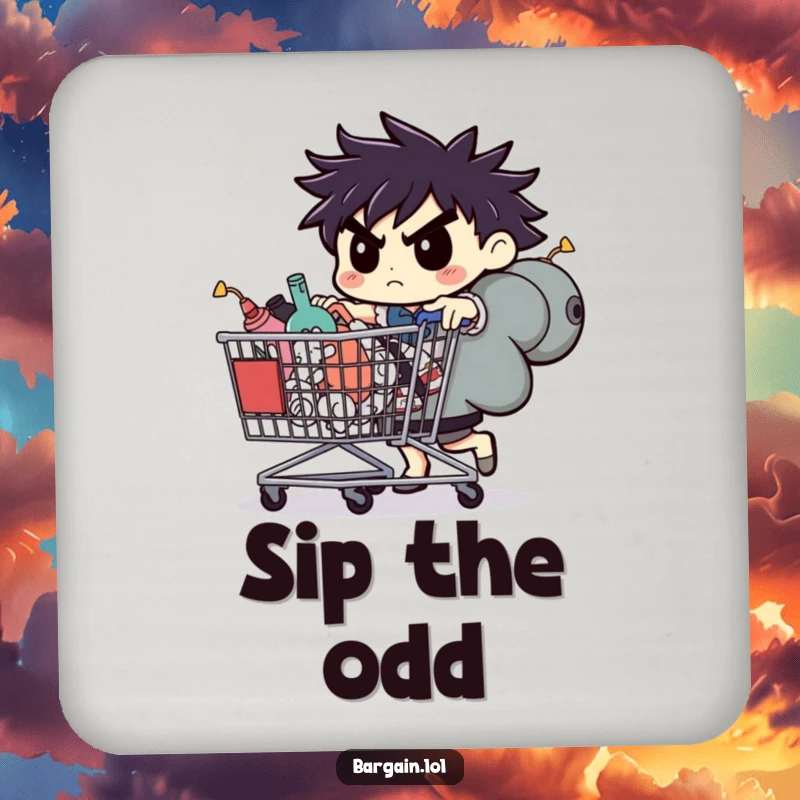 Funny drink coaster, determined character pushing a cart full of oddities, protecting surfaces with humor.