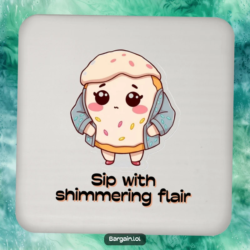 Funny coaster with a bewildered donut character in an oversized sequined jacket, adding whimsical fashion fail humor to tabletops.