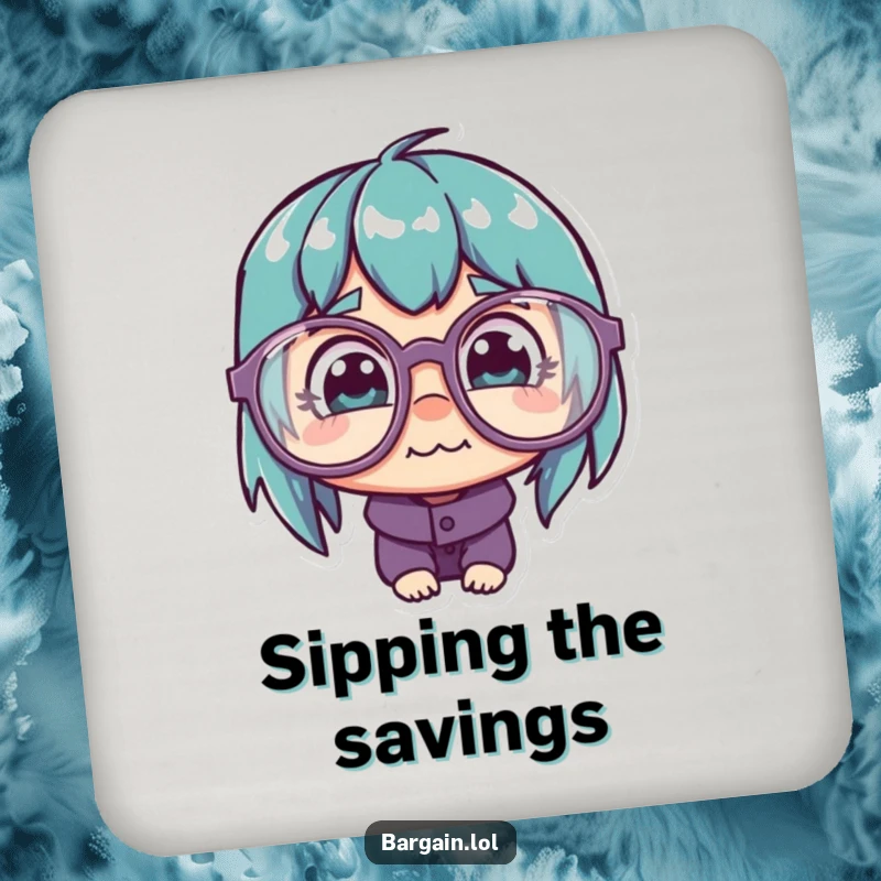 Funny Coaster: Character with quirky glasses looking at a cheap price tag, for tabletop humor.