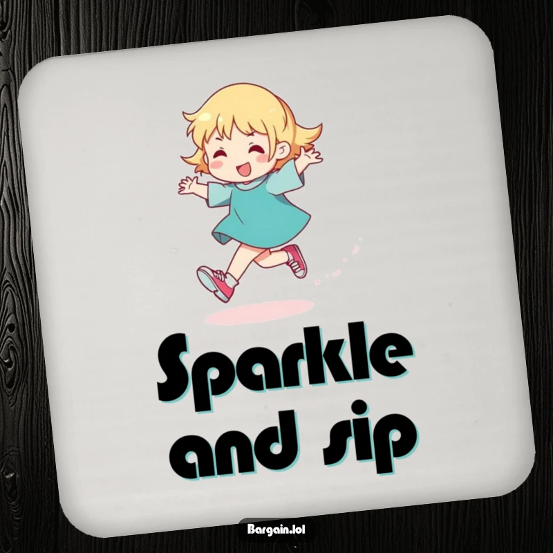 Funny drink coaster with a character skipping, leaving a glitter trail and wearing comically small shoes, a humorous accessory.